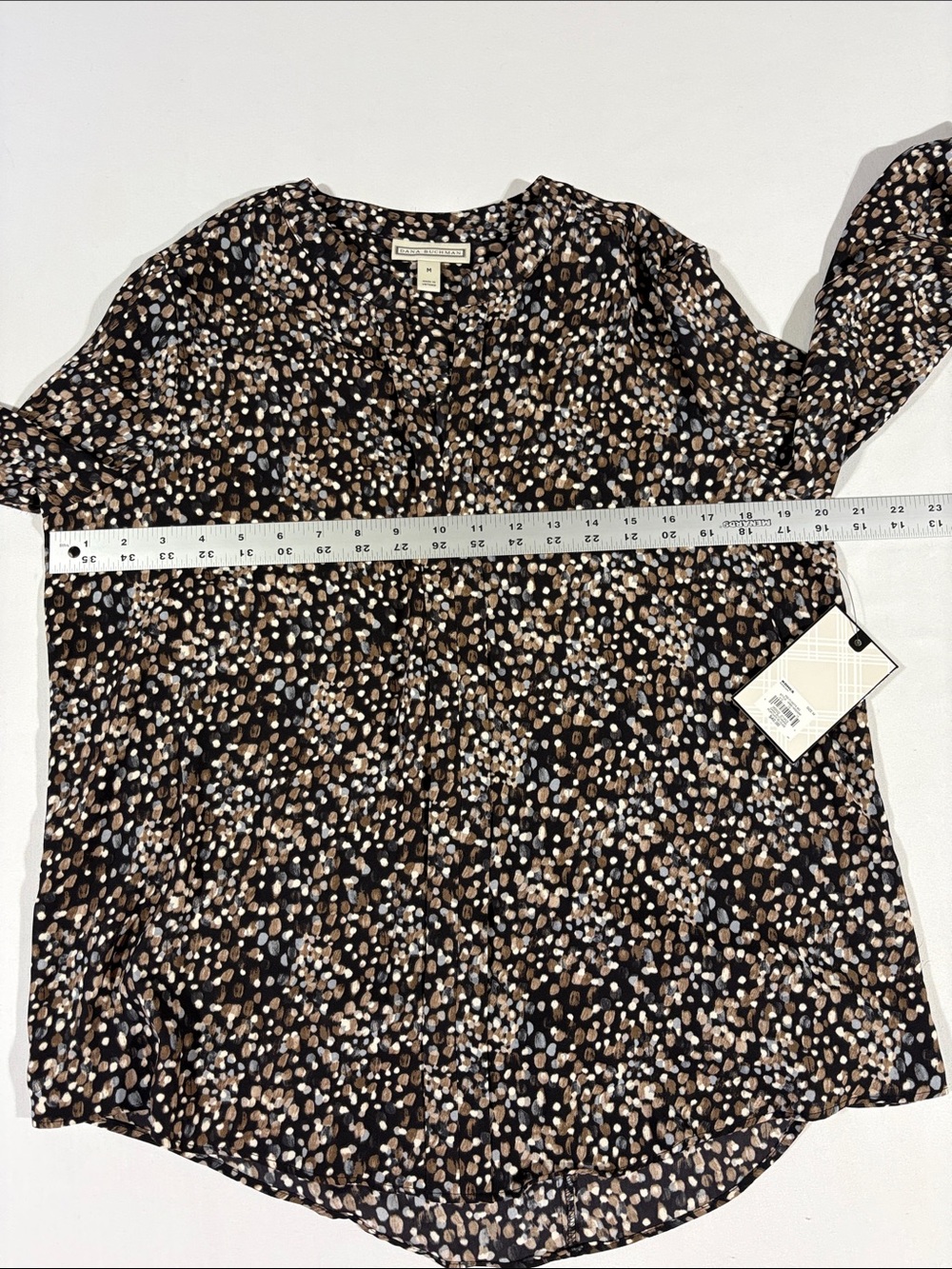 NWT Dana Buchman Split-Neck Blouse with Brown and Cream Dots Medium 3/4 sleeves - Picture 11 of 14